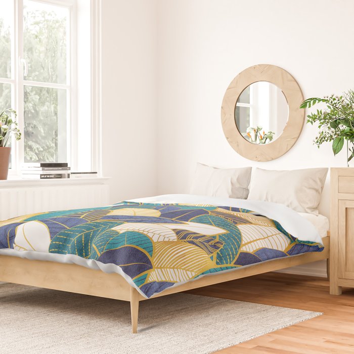 Leaf wall // navy blue royal blue and teal leaves golden lines Duvet Cover Gallery Image 2