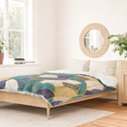 Leaf wall // navy blue royal blue and teal leaves golden lines Duvet Cover Gallery Image 2