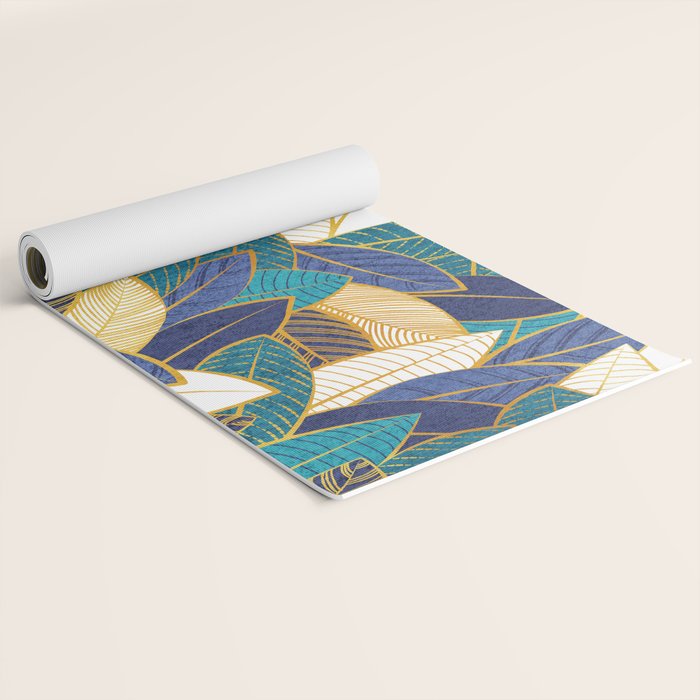 Leaf wall // navy blue royal blue and teal leaves golden lines Yoga Mat Gallery Image 2