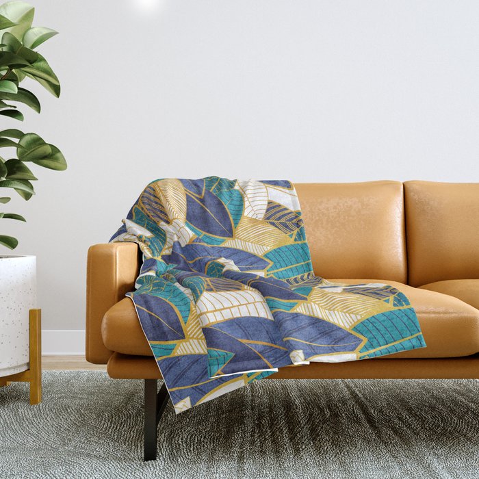Leaf wall // navy blue royal blue and teal leaves golden lines Throw Blanket Gallery Image 1