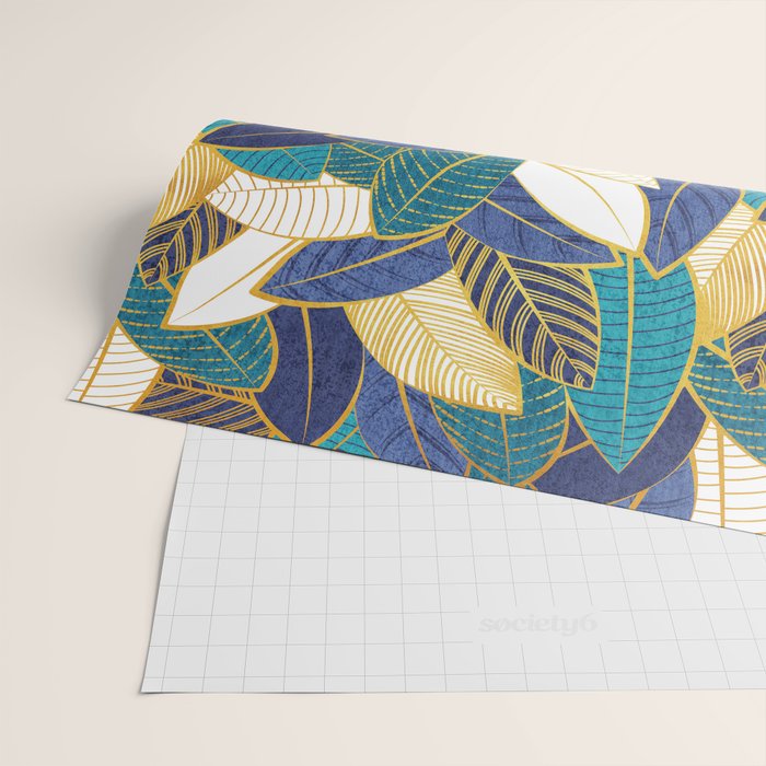 Leaf wall // navy blue royal blue and teal leaves golden lines Wrapping Paper Gallery Image 2