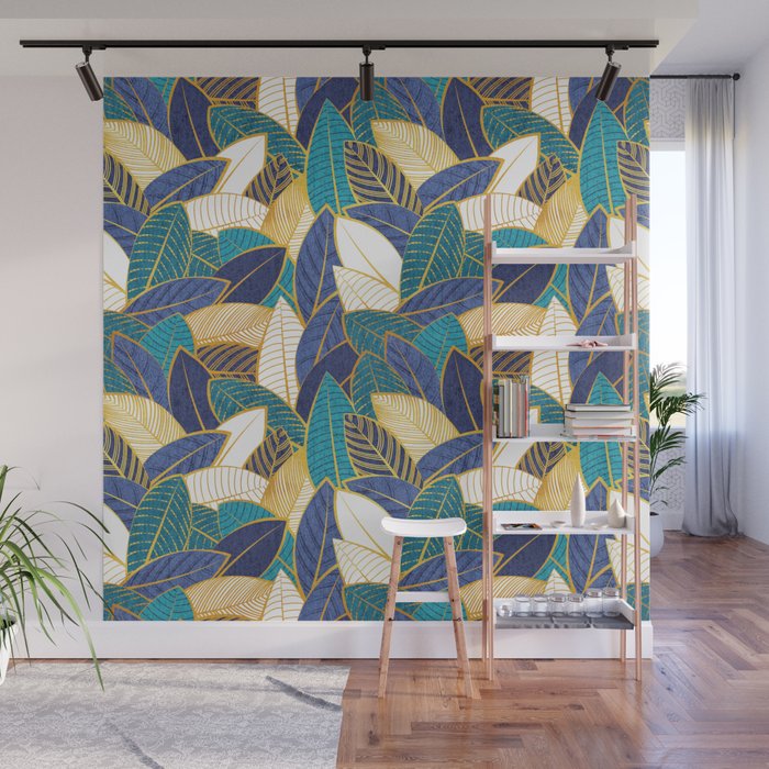 Leaf wall // navy blue royal blue and teal leaves golden lines Wall Mural Gallery Image 1