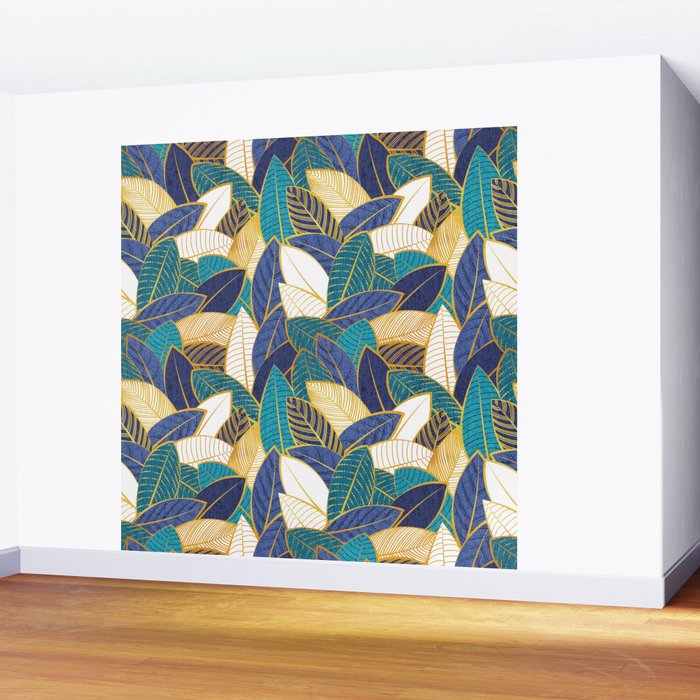 Leaf wall // navy blue royal blue and teal leaves golden lines Wall Mural Gallery Image 2