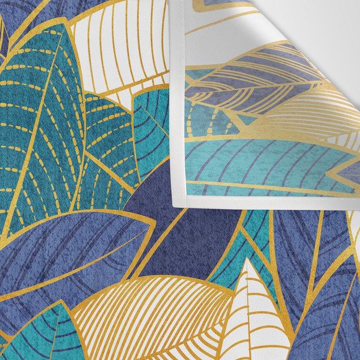 Leaf wall // navy blue royal blue and teal leaves golden lines Wall Tapestry Gallery Image 3