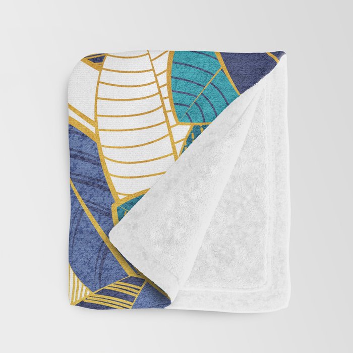 Leaf wall // navy blue royal blue and teal leaves golden lines Throw Blanket Gallery Image 3