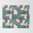 Leaf wall // navy blue royal blue and teal leaves golden lines Throw Blanket Gallery Image 2