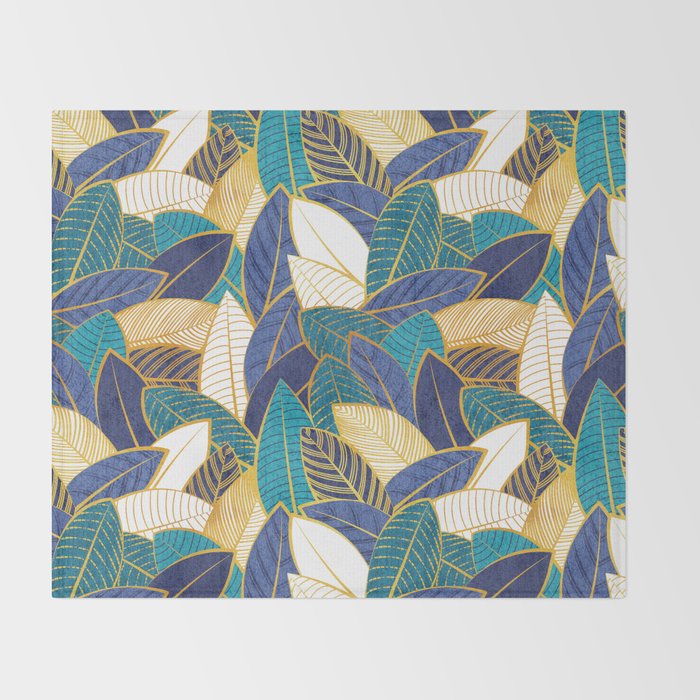 Leaf wall // navy blue royal blue and teal leaves golden lines Throw Blanket Gallery Image 2