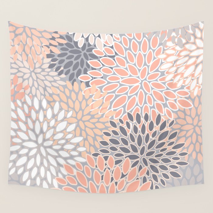 Flowers Abstract Print, Coral, Peach, Gray Wall Tapestry Gallery Image 1