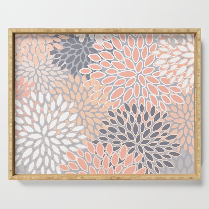 Flowers Abstract Print, Coral, Peach, Gray Serving Tray Gallery Image 1