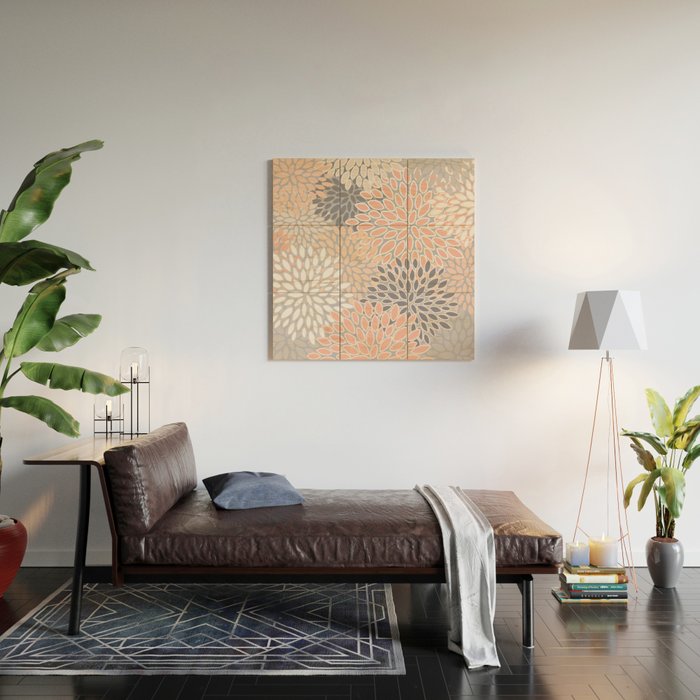 Flowers Abstract Print, Coral, Peach, Gray Wood Wall Art Gallery Image 2