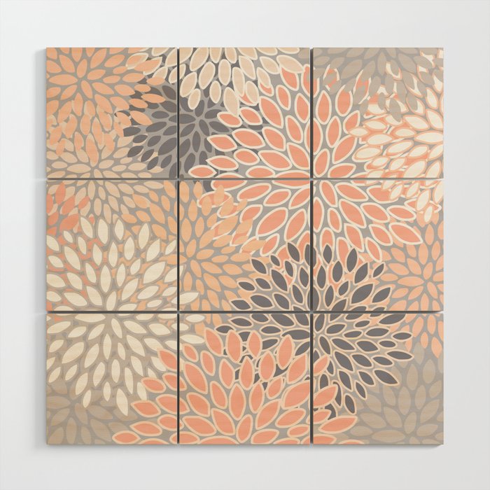 Flowers Abstract Print, Coral, Peach, Gray Wood Wall Art Gallery Image 1