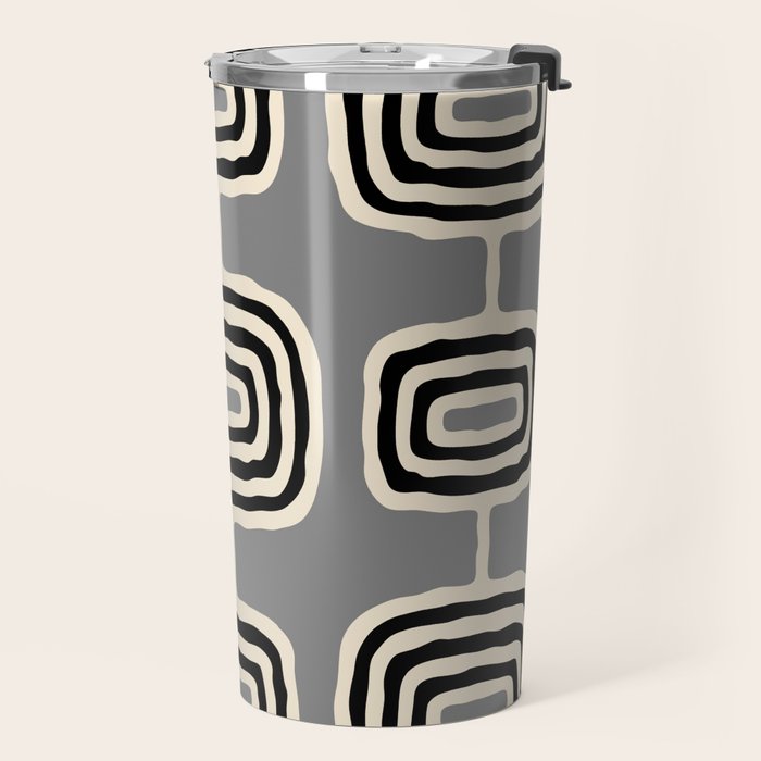 Mid Century Modern Atomic Rings Pattern 233 Black Beige and Gray Travel Mug Gallery Image 2