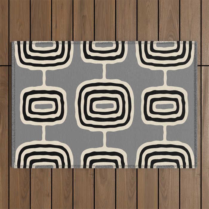 Mid Century Modern Atomic Rings Pattern 233 Black Beige and Gray Outdoor Rug Gallery Image 1