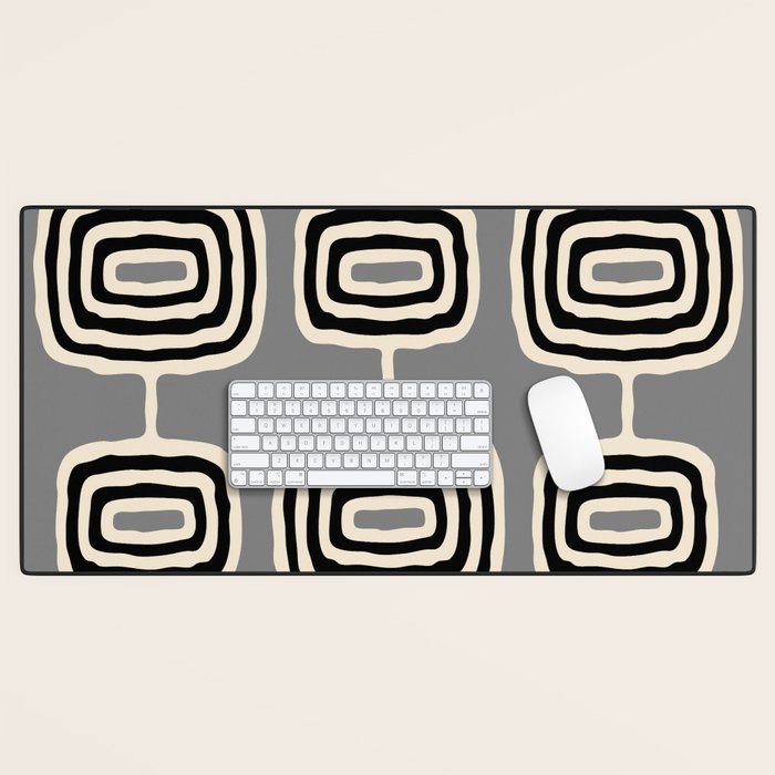 Mid Century Modern Atomic Rings Pattern 233 Black Beige and Gray Desk Mat Gallery Image 1