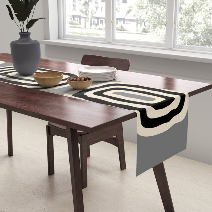 Mid Century Modern Atomic Rings Pattern 233 Black Beige and Gray Table Runner Gallery Image 2