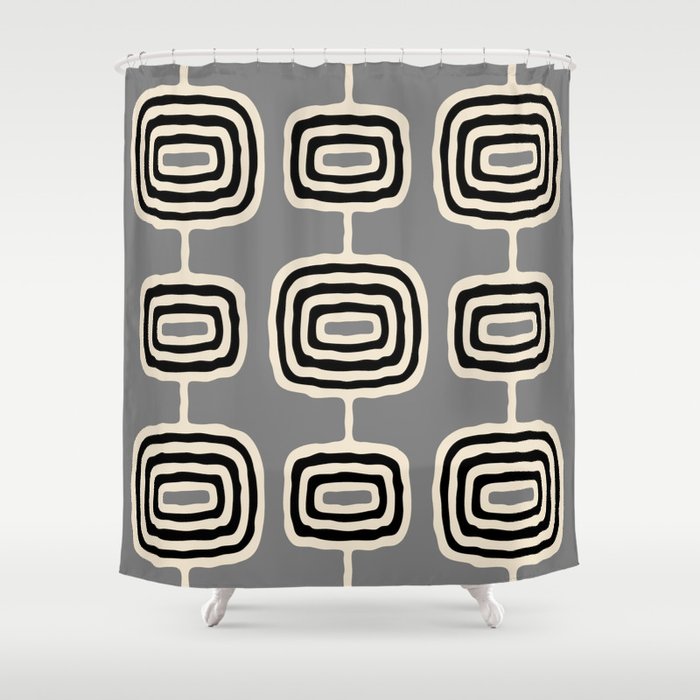 Mid Century Modern Atomic Rings Pattern 233 Black Beige and Gray Shower Curtain Gallery Image 1