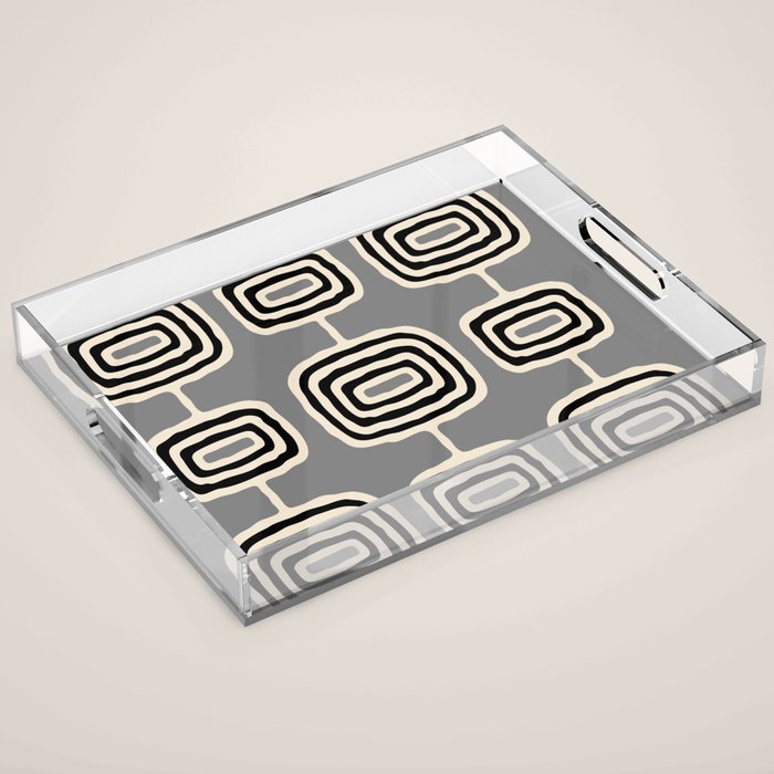 Mid Century Modern Atomic Rings Pattern 233 Black Beige and Gray Acrylic Tray Gallery Image 1
