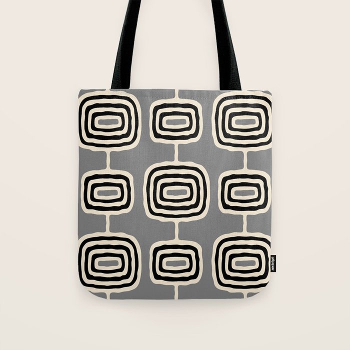 Mid Century Modern Atomic Rings Pattern 233 Black Beige and Gray Tote Bag Gallery Image 1