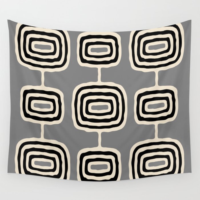 Mid Century Modern Atomic Rings Pattern 233 Black Beige and Gray Wall Tapestry Gallery Image 1