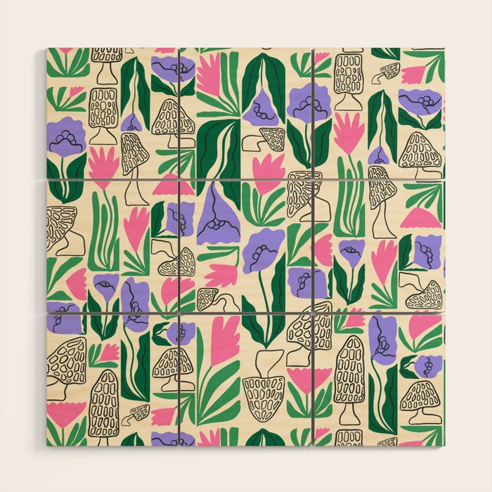 Spring Morels and Flowers Pattern Wood Wall Art Gallery Image 1