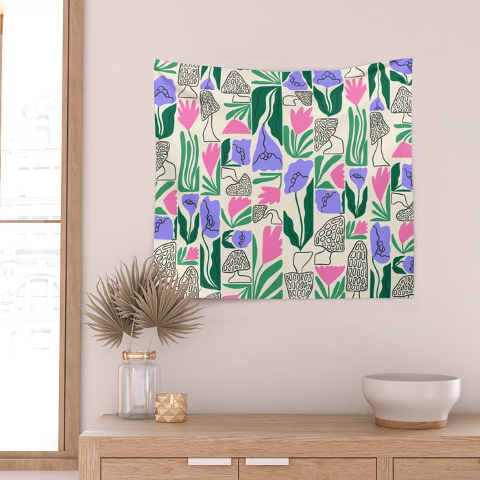 Spring Morels and Flowers Pattern Wall Tapestry Gallery Image 2