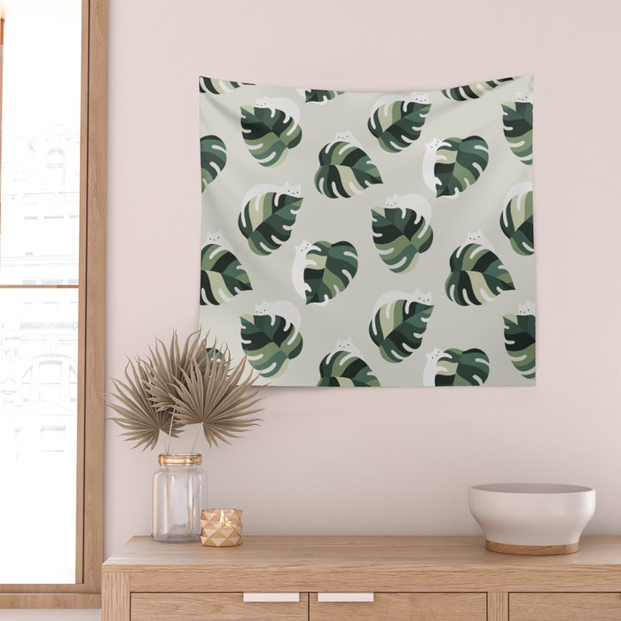 Cat and Plant Pattern 3 Wall Tapestry Gallery Image 2