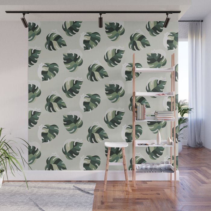 Cat and Plant Pattern 3 Wall Mural Gallery Image 1