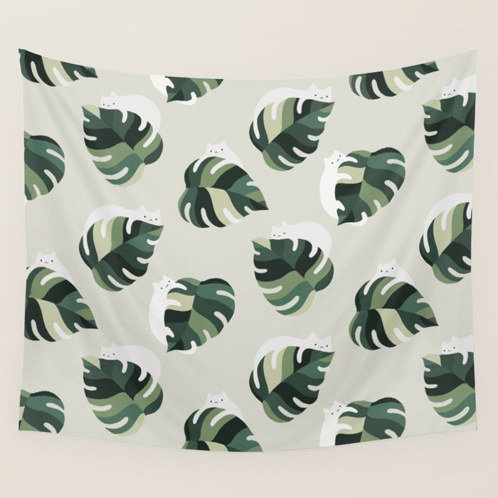 Cat and Plant Pattern 3 Wall Tapestry Gallery Image 4