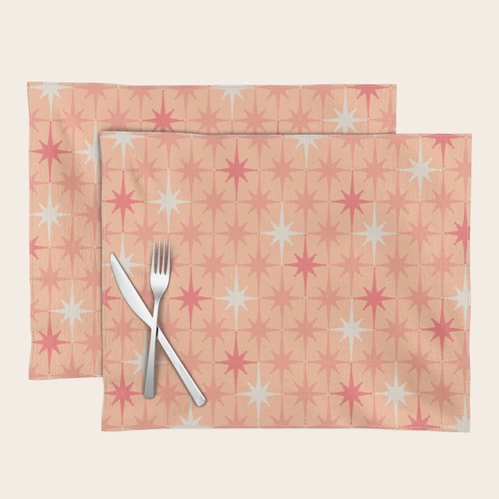 Mid Century Modern Atomic Age Starburst Pattern Peach and Pink Pastel Placemat Gallery Image 1
