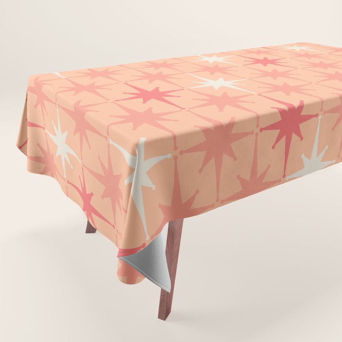 Mid Century Modern Atomic Age Starburst Pattern Peach and Pink Pastel Tablecloth Gallery Image 1