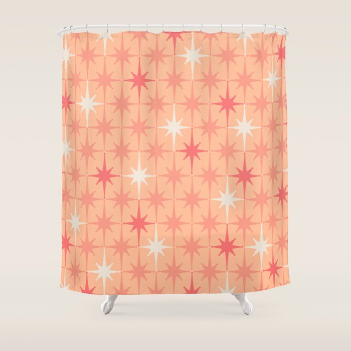 Mid Century Modern Atomic Age Starburst Pattern Peach and Pink Pastel Shower Curtain Gallery Image 1