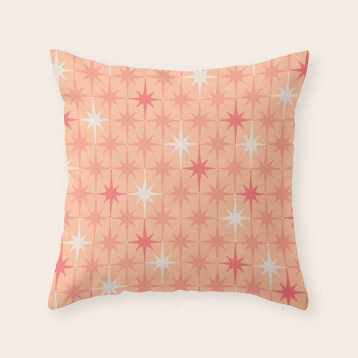 Mid Century Modern Atomic Age Starburst Pattern Peach and Pink Pastel Throw Pillow Gallery Image 1