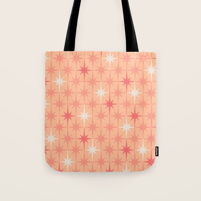 Mid Century Modern Atomic Age Starburst Pattern Peach and Pink Pastel Tote Bag Gallery Image 1