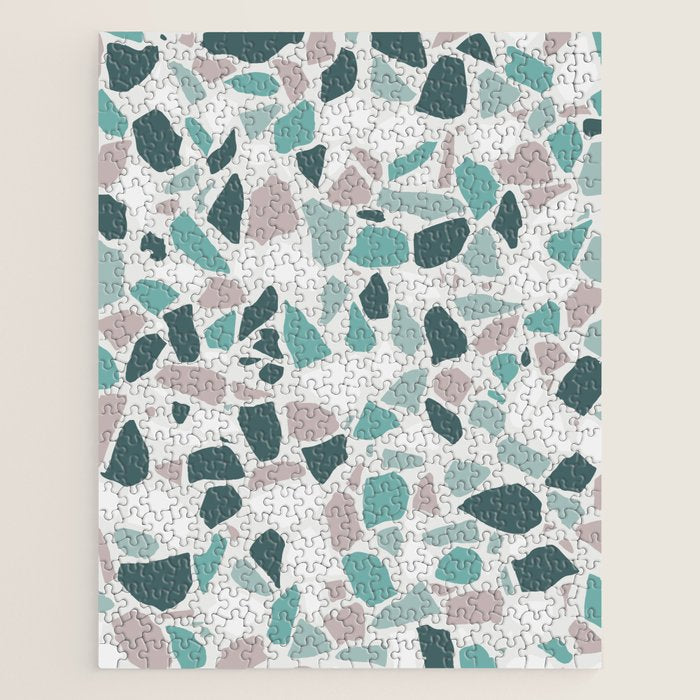 Festive, Terrazzo Mosaic Pattern, Teal, Green, Sage, Dusky Pink Jigsaw Puzzle Gallery Image 1
