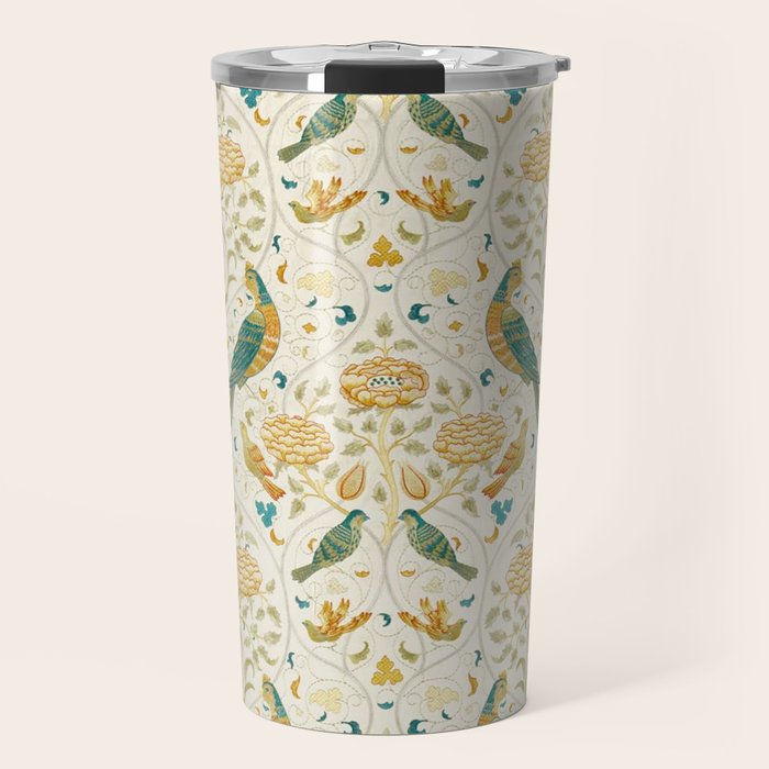 William Morris Vintage Seasons by May Melsetter Bird Blue Sea Glass Brick Pattern Travel Mug Gallery Image 1