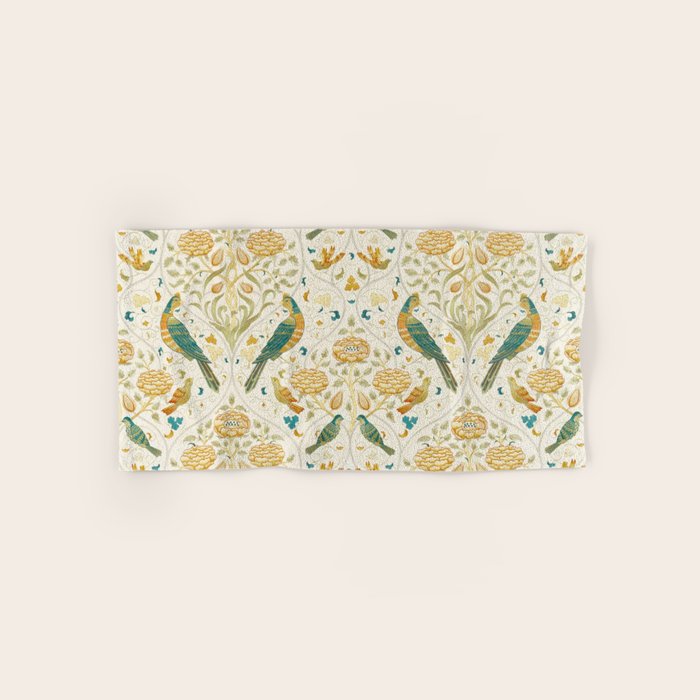 William Morris Vintage Seasons by May Melsetter Bird Blue Sea Glass Brick Pattern Bath Towel Gallery Image 1