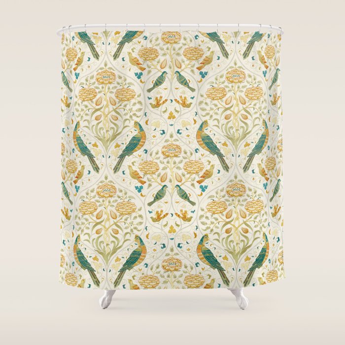 William Morris Vintage Seasons by May Melsetter Bird Blue Sea Glass Brick Pattern Shower Curtain Gallery Image 1