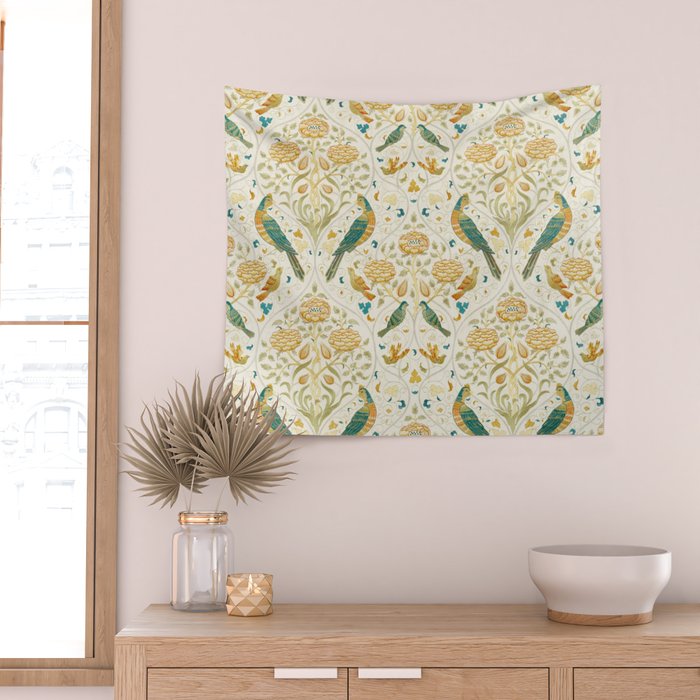 William Morris Vintage Seasons by May Melsetter Bird Blue Sea Glass Brick Pattern Wall Tapestry Gallery Image 2