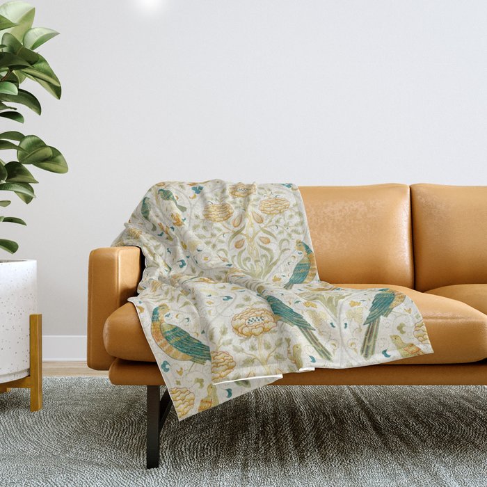 William Morris Vintage Seasons by May Melsetter Bird Blue Sea Glass Brick Pattern Throw Blanket Gallery Image 1