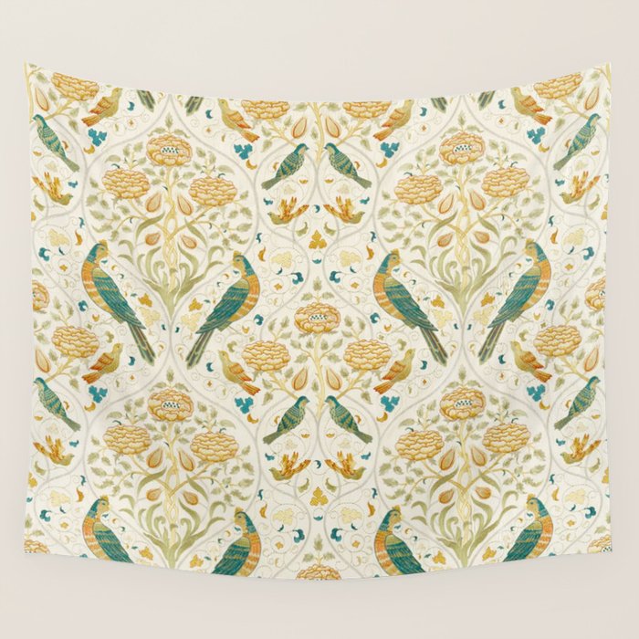 William Morris Vintage Seasons by May Melsetter Bird Blue Sea Glass Brick Pattern Wall Tapestry Gallery Image 1