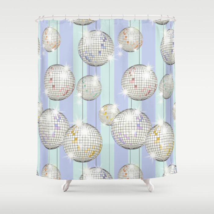 Striped Party Disco Ball Mint Shower Curtain Gallery Image 1