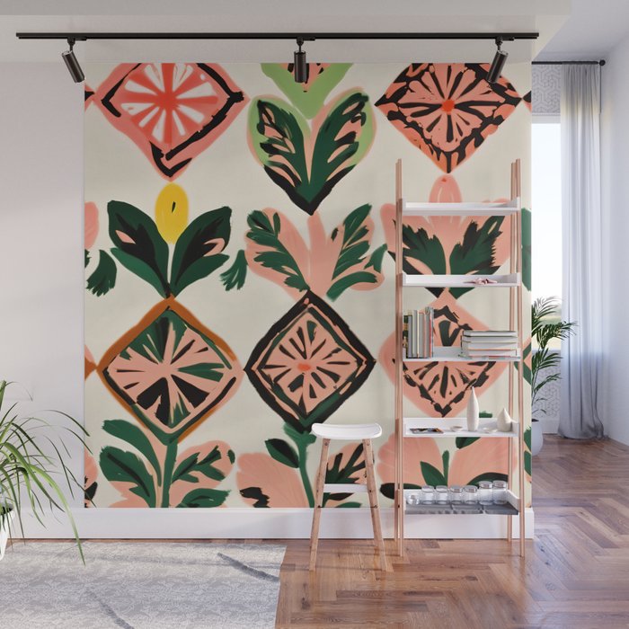 Tiles & Botanicals, Nature Plants Pastel Moroccan Painting, Bohemian Chic Geometric Vintage Illustration Wall Mural Gallery Image 1