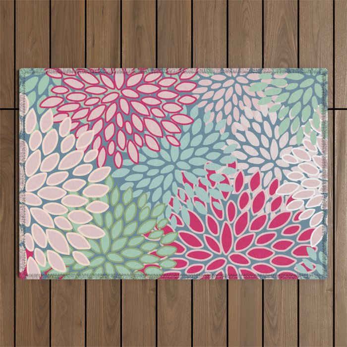 Festive, Floral Prints, Bright Pink, Teal and Green Outdoor Rug Gallery Image 1