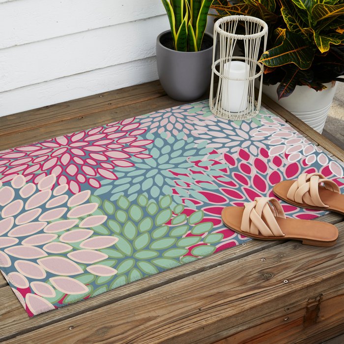 Festive, Floral Prints, Bright Pink, Teal and Green Outdoor Rug Gallery Image 2