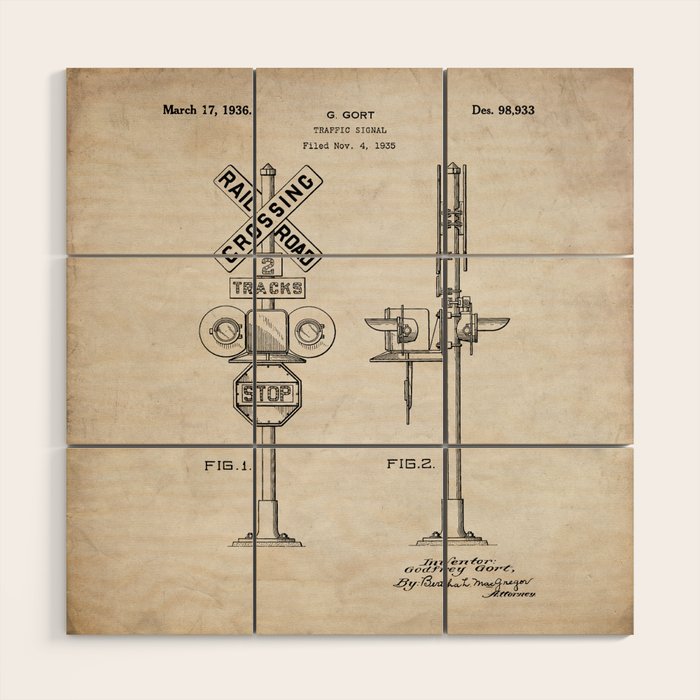 Railroad Crossing Patent - Train Crossing Art - Antique Wood Wall Art Gallery Image 1