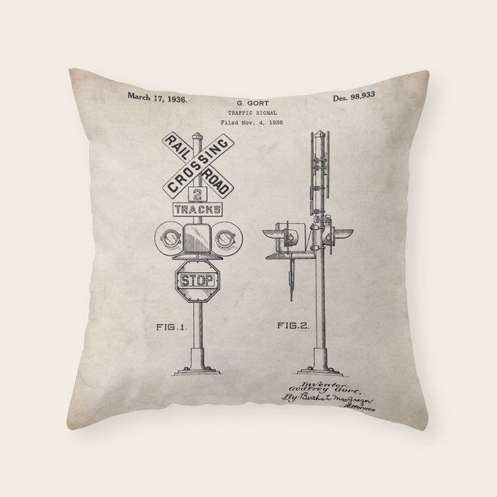 Railroad Crossing Patent - Train Crossing Art - Antique Throw Pillow Gallery Image 1
