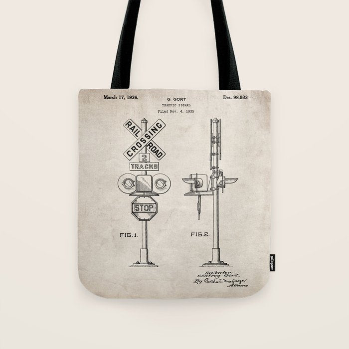 Railroad Crossing Patent - Train Crossing Art - Antique Tote Bag Gallery Image 1