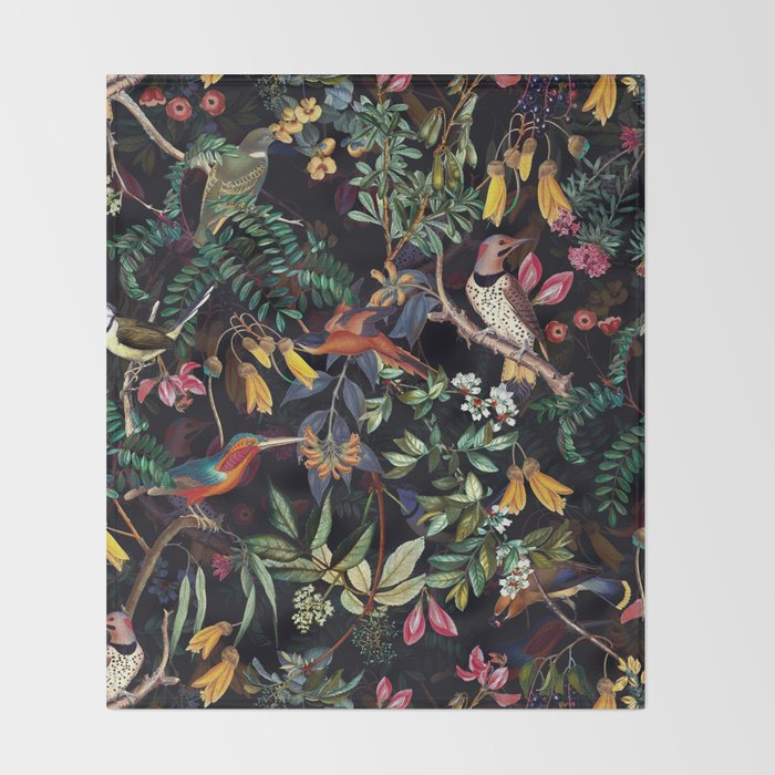 Vintage Jungle Birds Night Garden Throw Blanket Gallery Image 2