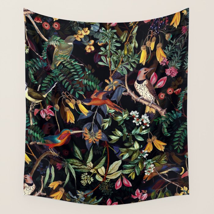 Vintage Jungle Birds Night Garden Wall Tapestry Gallery Image 4