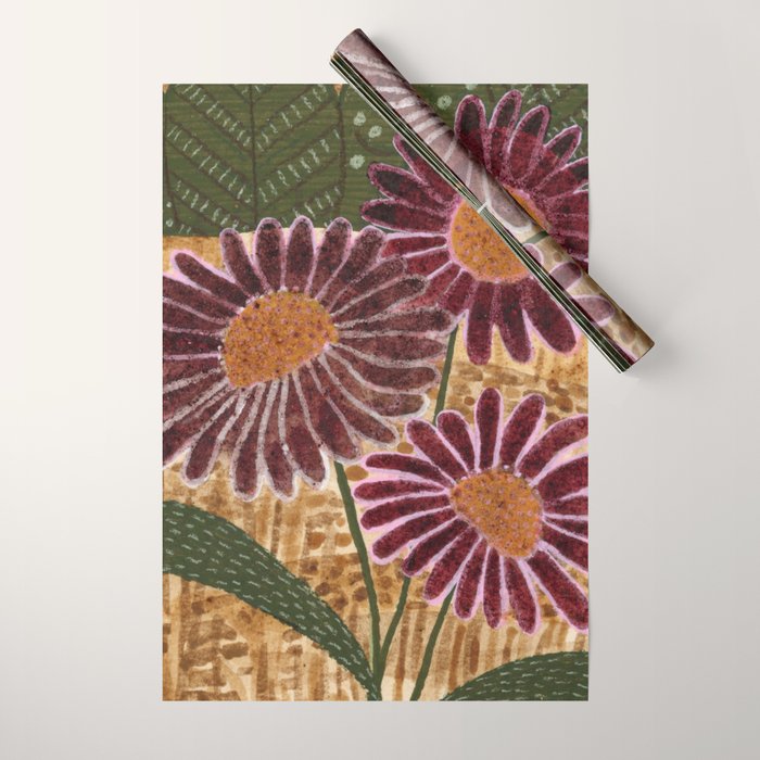 Daisies in Country Field Painting in Burgundy Red Wrapping Paper Gallery Image 1
